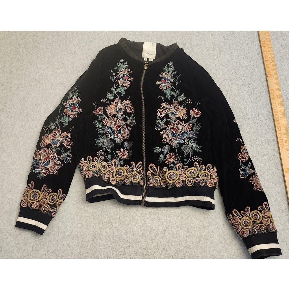 Elevenses Anthropologie Jacket‎ Womens Small Black Velvet Embroidered Bomber